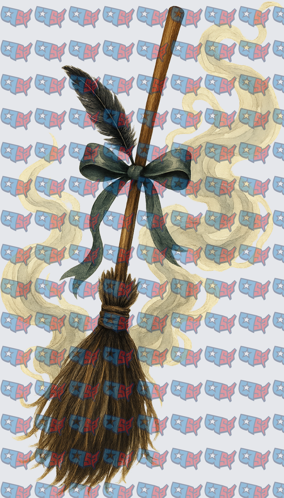 Witch Broom With Feather And Teal Ribbon (DTF)