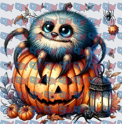 Cute Fluffy Spider On Halloween Jack O Lantern (DTF)