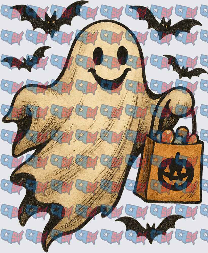 Vintage Ghost Holding Pumpkin Bag With Bats (DTF)