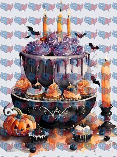 Halloween Tiered Cake Cupcakes Bats Pumpkin Candles (DTF)