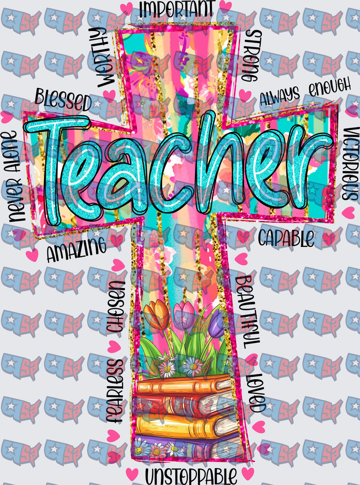 Teacher Cross Inspirational Words Floral Books Design (DTF)