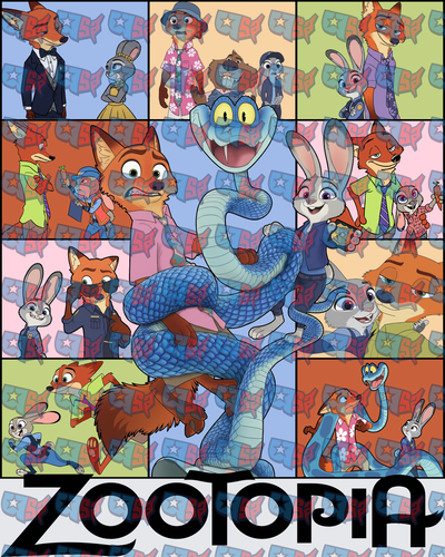 Zootopia Character Collage Multi-Panel Fox Bunny Snake (DTF)