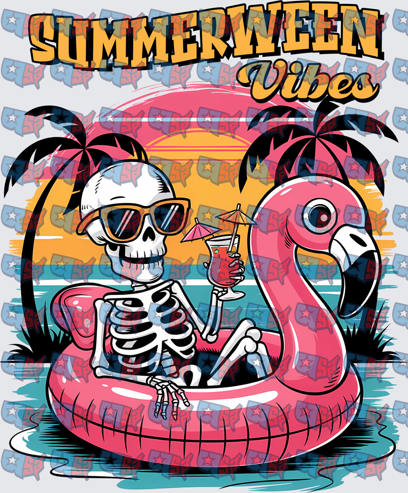 Summerween Vibes Skeleton Flamingo Float Sunset (DTF)