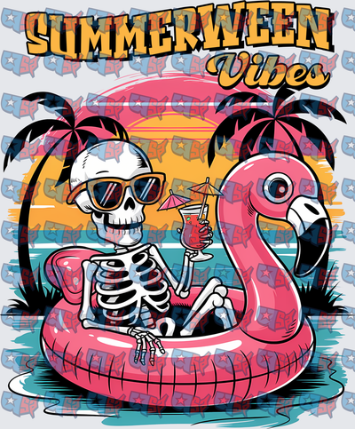 Summerween Vibes Skeleton Flamingo Float Sunset (DTF)