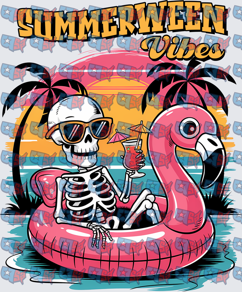 Summerween Vibes Skeleton Flamingo Float Sunset (DTF)