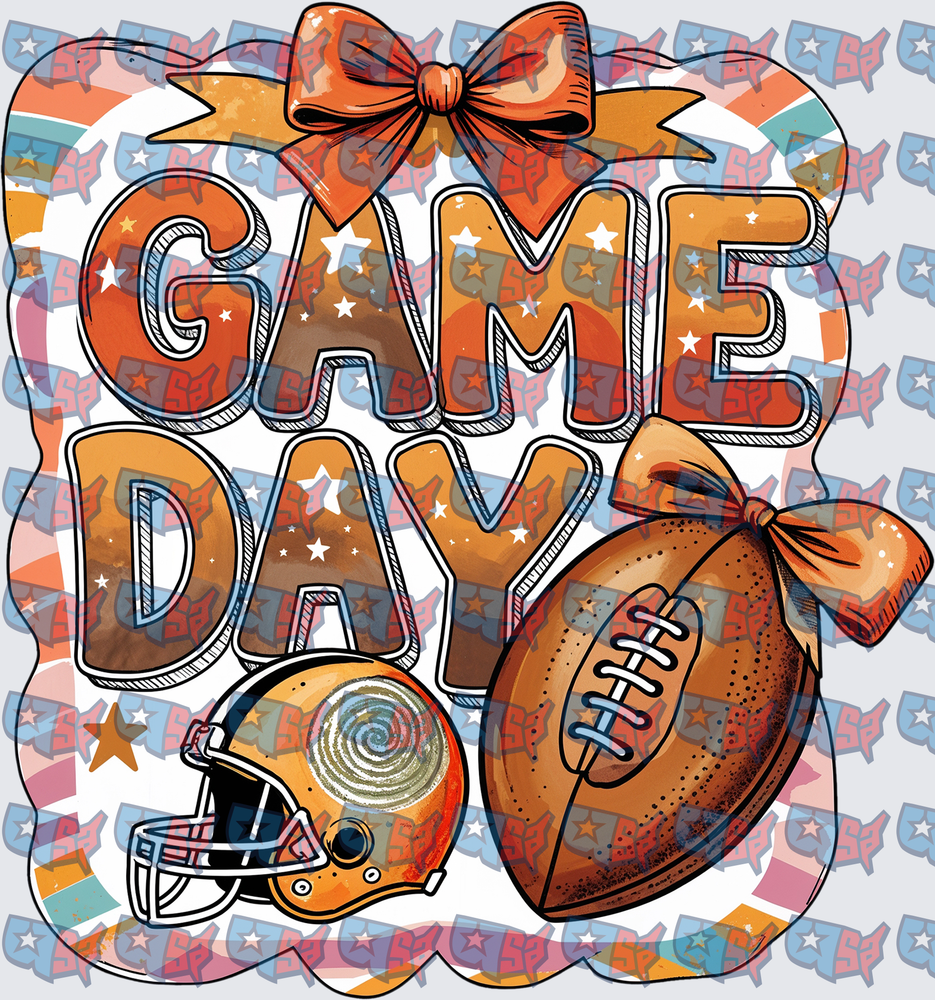 Game Day Football Helmet Bow Orange Stars Design (DTF)
