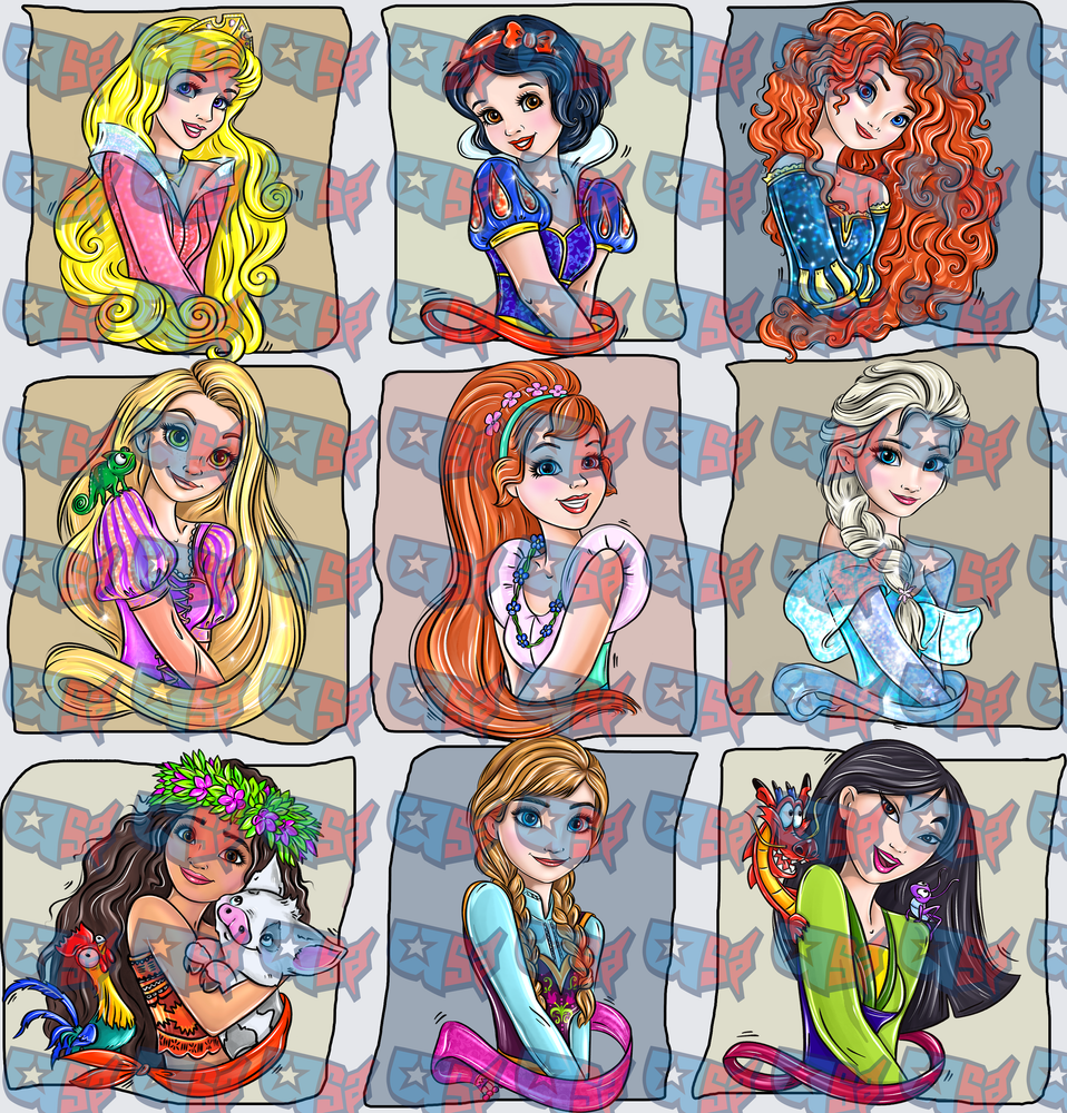 Nine Fairy Tale Princesses Portrait Collection Grid (DTF)