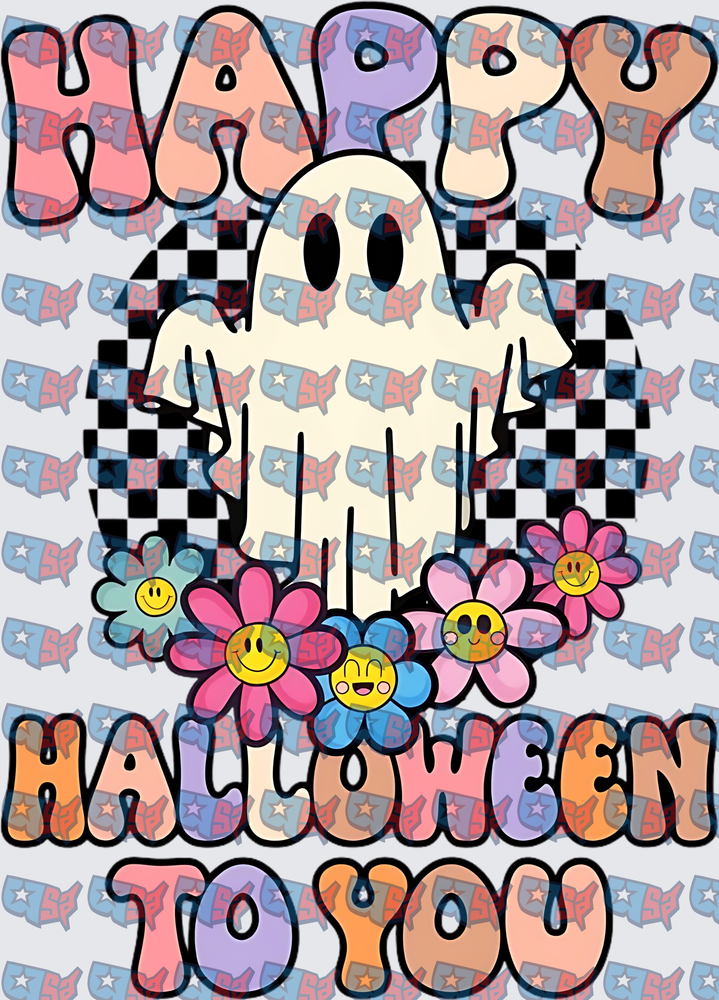 Happy Halloween To You Retro Ghost Smiley Flowers (DTF)