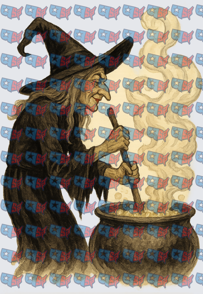 Old Witch Stirring Bubbling Cauldron Halloween (DTF)