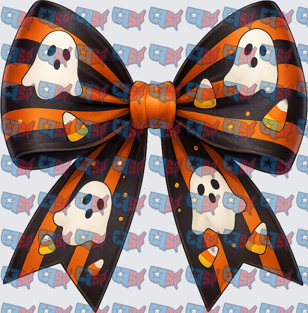 Halloween Ghost Candy Corn Orange Black Striped Bow (DTF)