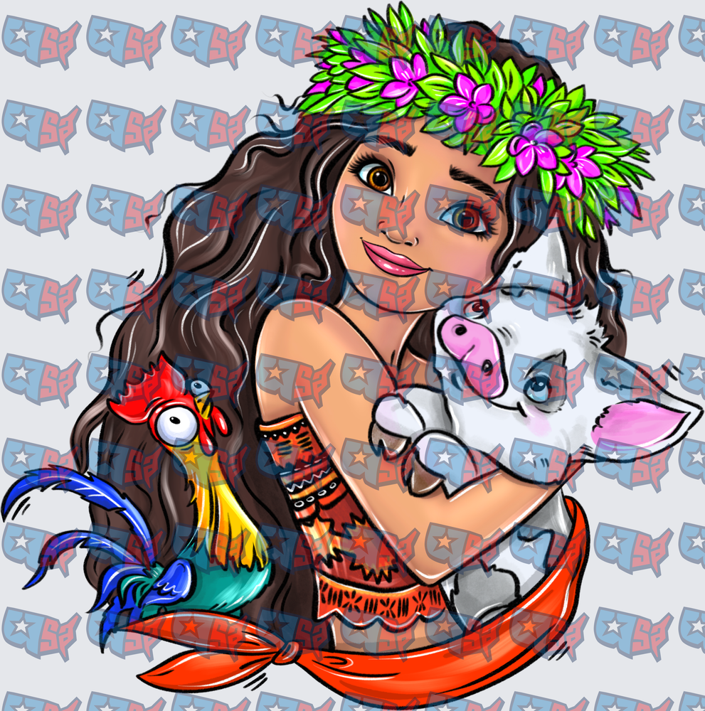 Polynesian Princess With Piglet And Rooster (DTF)