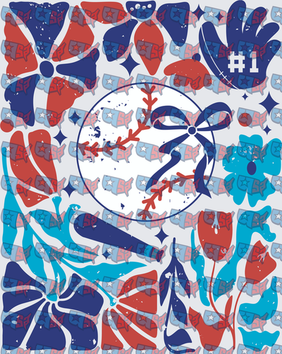 Baseball Bow Floral Retro Red Blue Pattern (DTF)