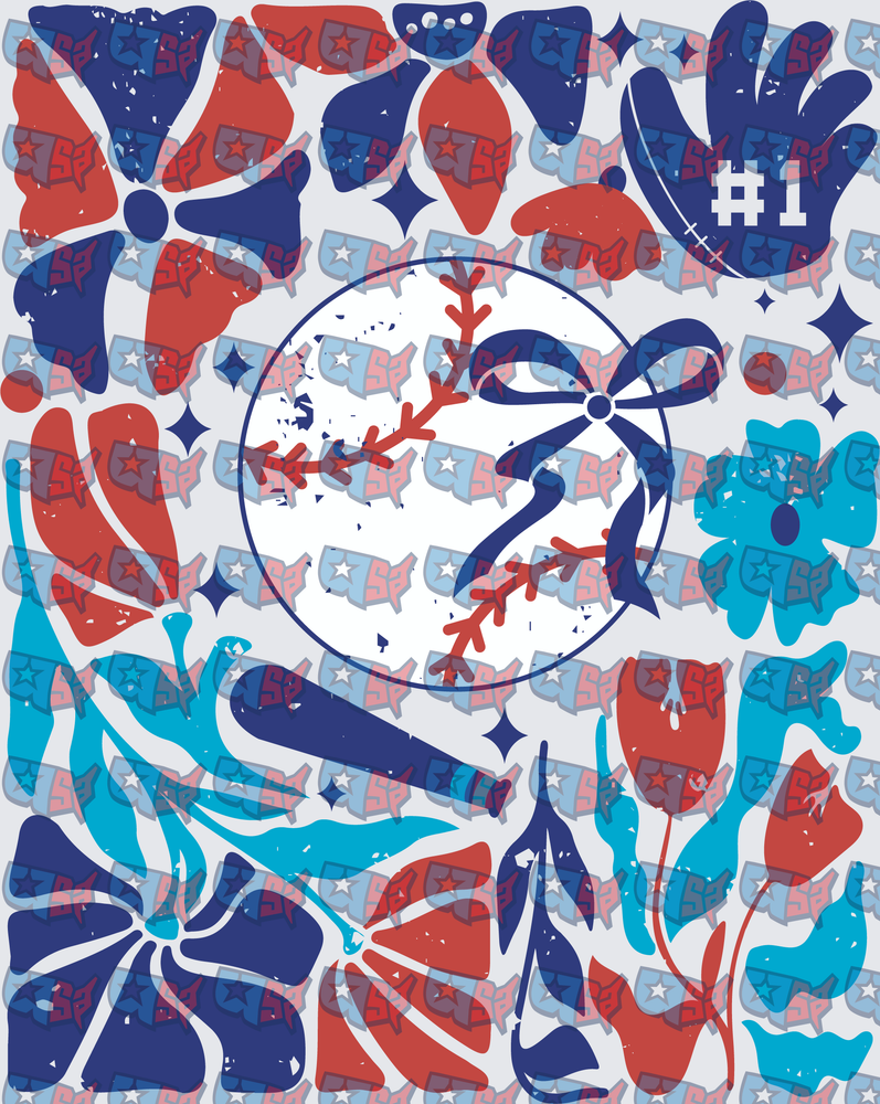 Baseball Bow Floral Retro Red Blue Pattern (DTF)