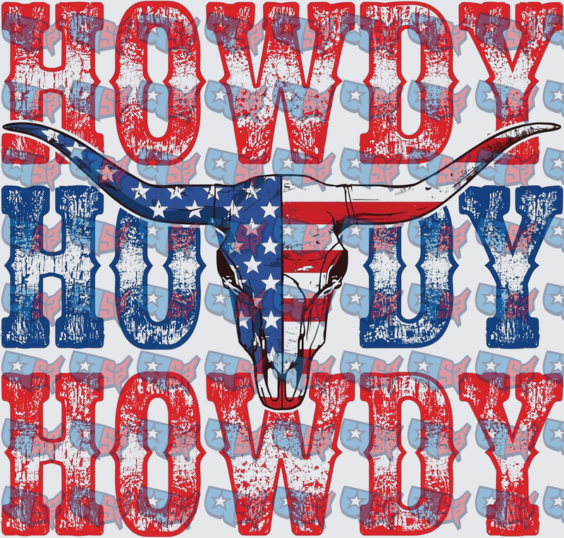 Howdy Patriotic American Flag Longhorn Skull Distressed (DTF)