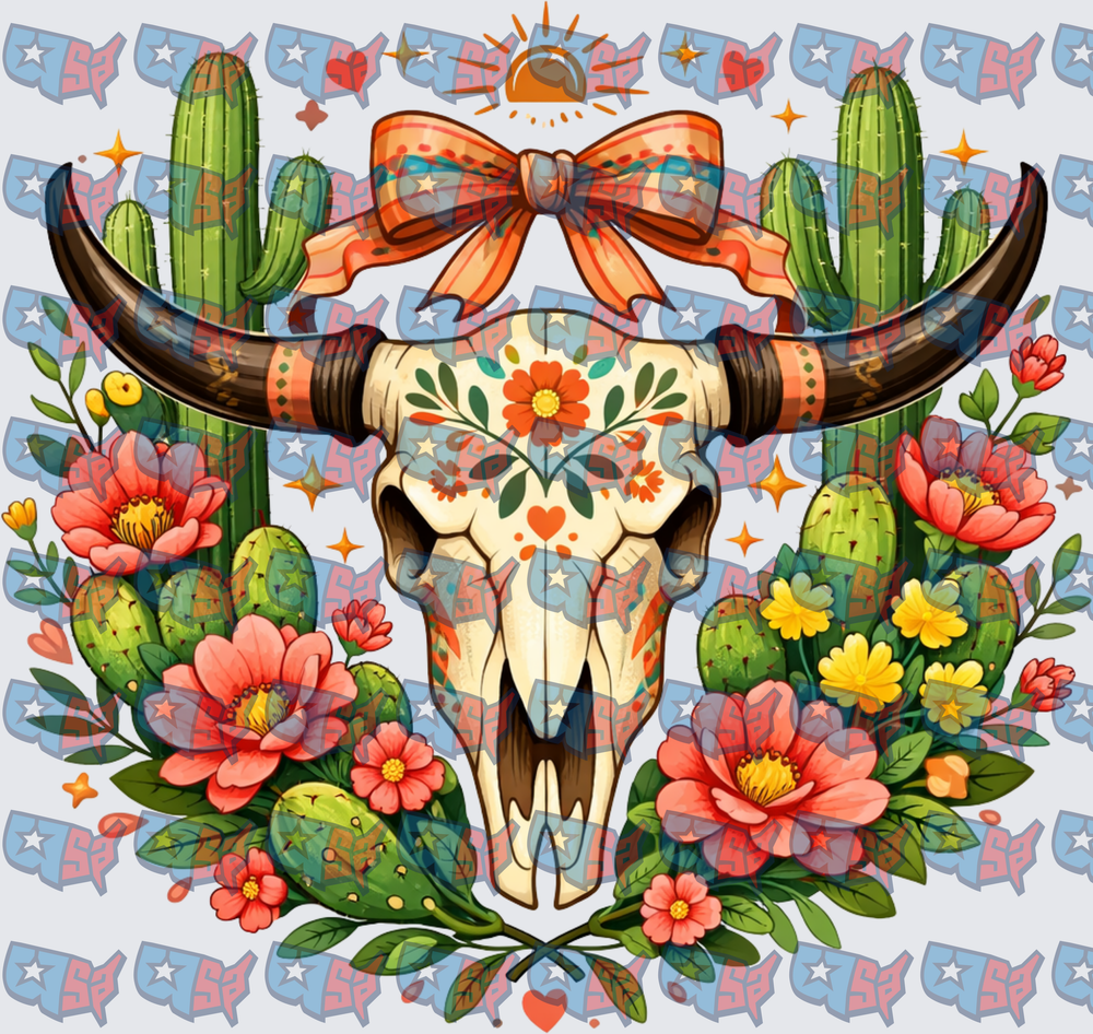 Floral Bull Skull Cactus Western Bow Design (DTF)