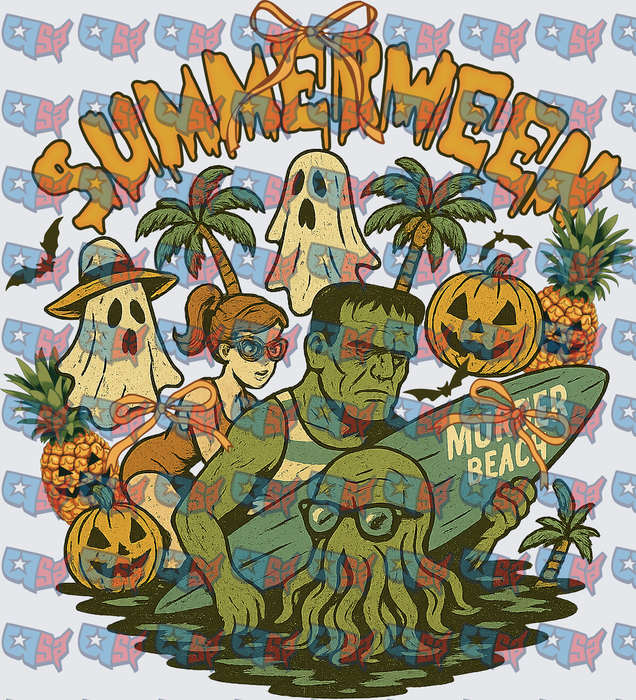 Summerween Monster Beach Halloween Tropical Scene (DTF)