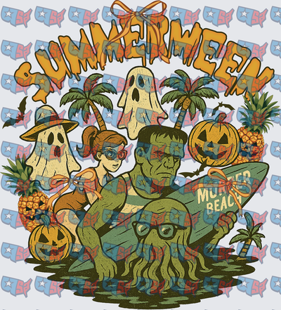 Summerween Monster Beach Halloween Tropical Scene (DTF)