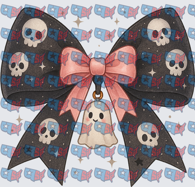 Spooky Skull Bow with Cute Ghost Charm (DTF)