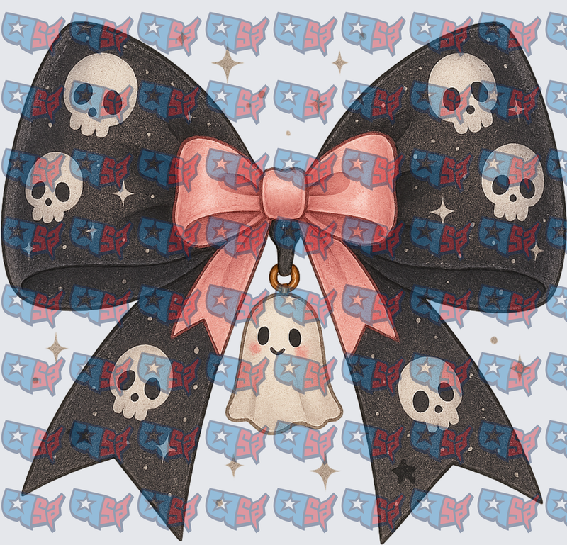 Spooky Skull Bow with Cute Ghost Charm (DTF)