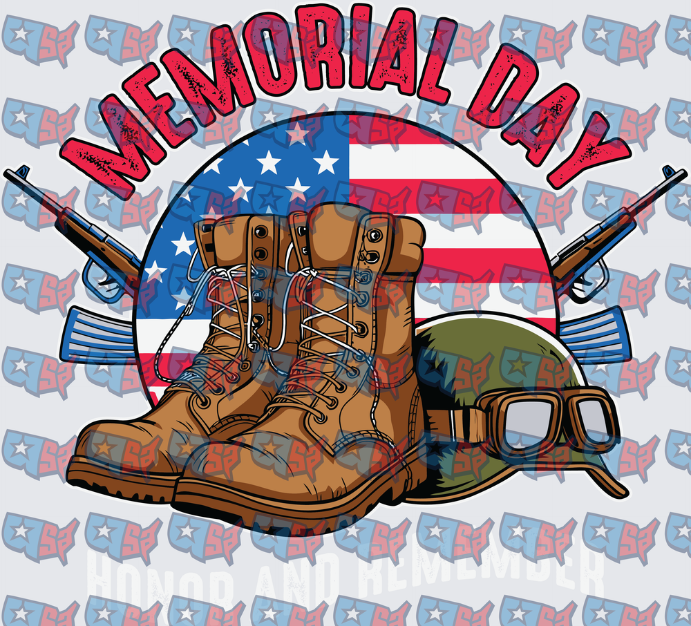 Memorial Day Combat Boots Helmet Crossed Rifles Flag (DTF)