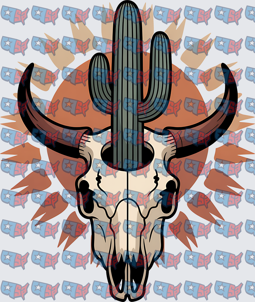 Bull Skull With Saguaro Cactus Sunburst (DTF)