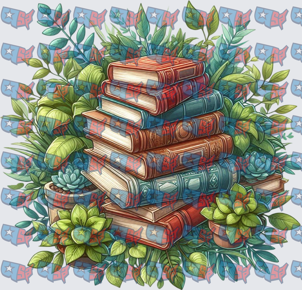 Stacked Vintage Books With Lush Green Plants (DTF)