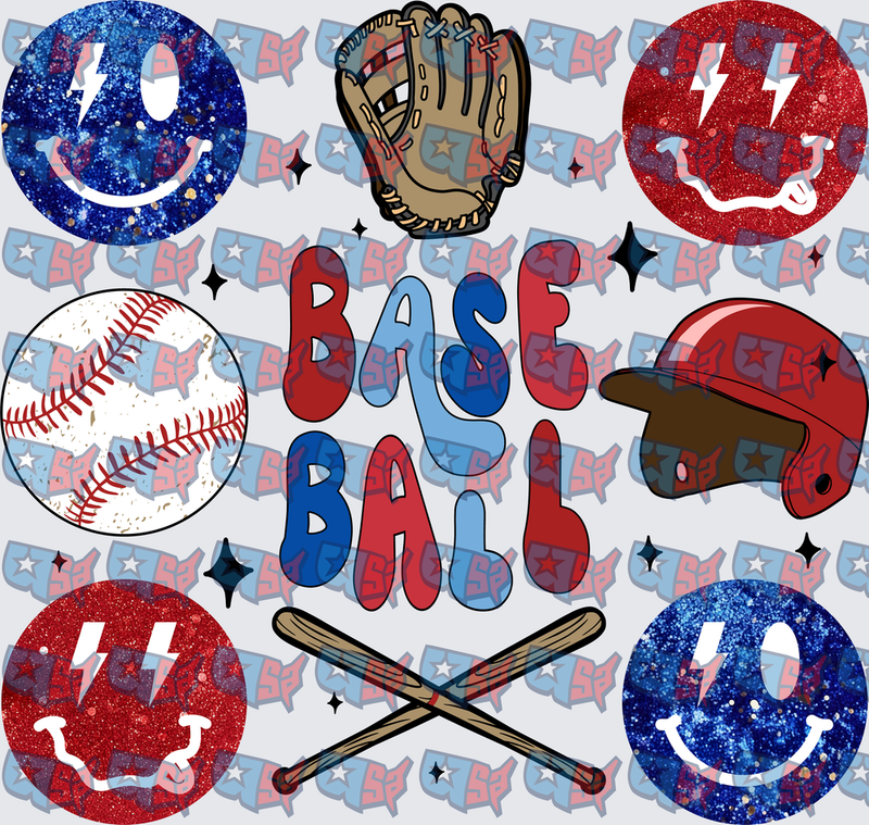 Baseball Glitter Smiley Face Lightning Bolt Bundle (DTF)