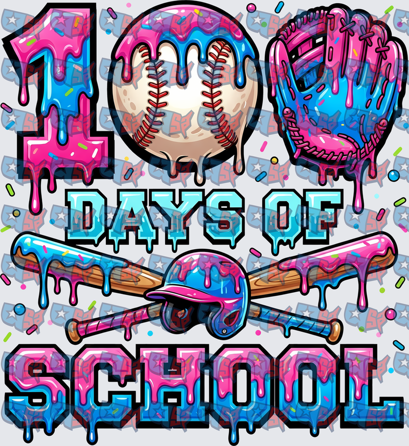 100 Days Of School Drip Baseball Pink Blue (DTF)