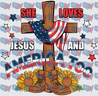 She Loves Jesus And America Too Cross Flag Sunflowers (DTF)
