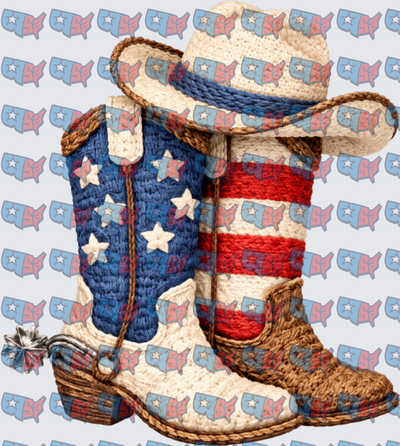 Crochet Knit American Flag Cowboy Boots and Hat (DTF)