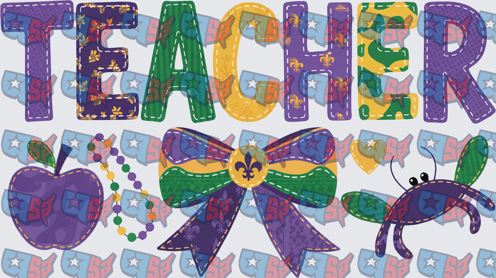 Mardi Gras Teacher Patchwork Applique Design (DTF)