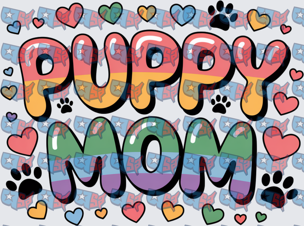 Puppy Mom Rainbow Bold Letters Paw Prints Hearts (DTF)