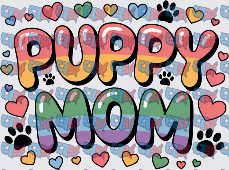 Puppy Mom Rainbow Bold Letters Paw Prints Hearts (DTF)
