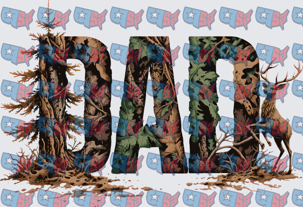 Camo DAD Lettering With Pine Tree And Buck (DTF)