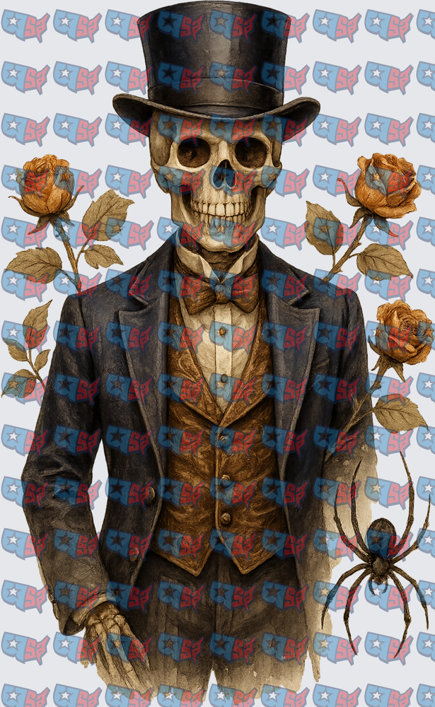 Dapper Skeleton Gentleman Top Hat Roses Spider (DTF)