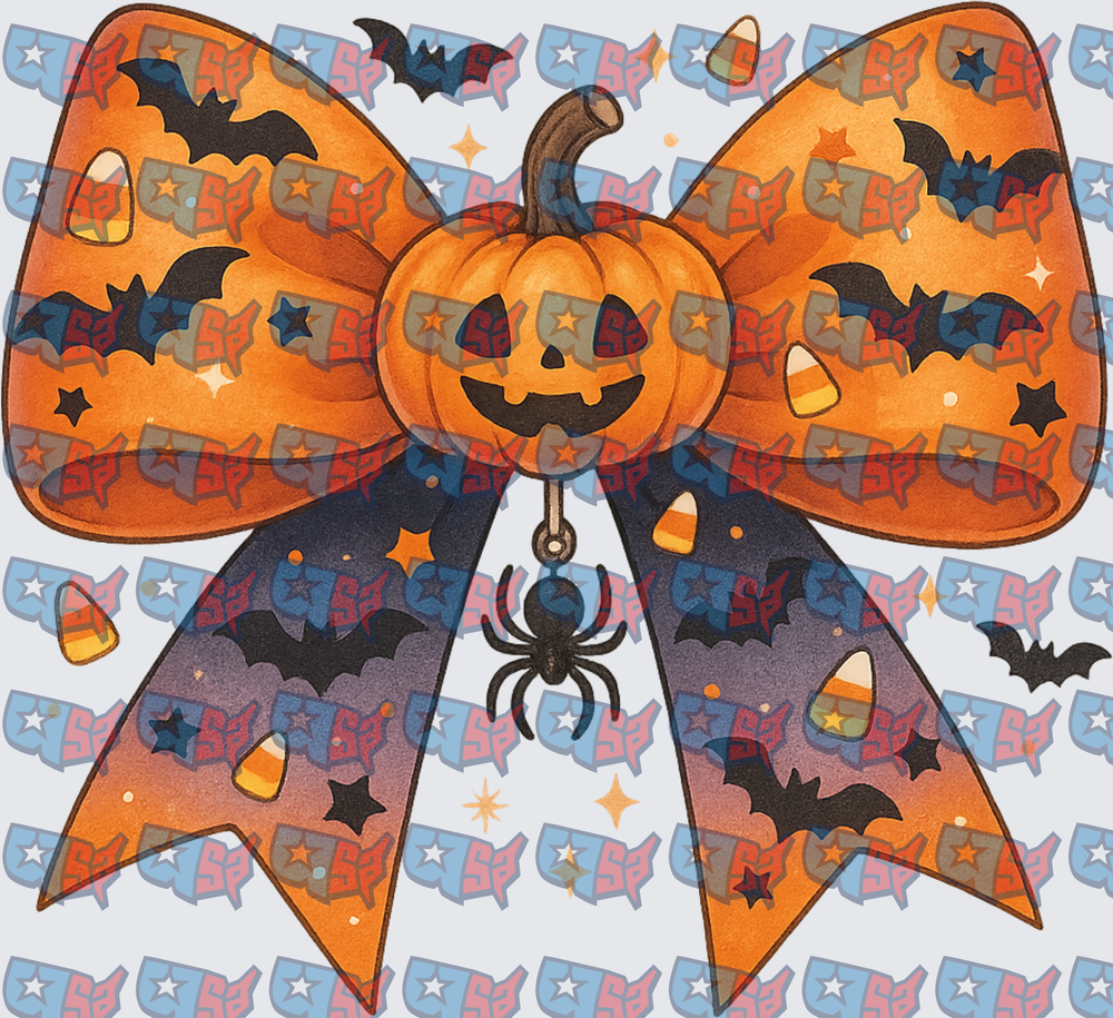 Halloween Jack-O-Lantern Bow With Bats And Spider (DTF)