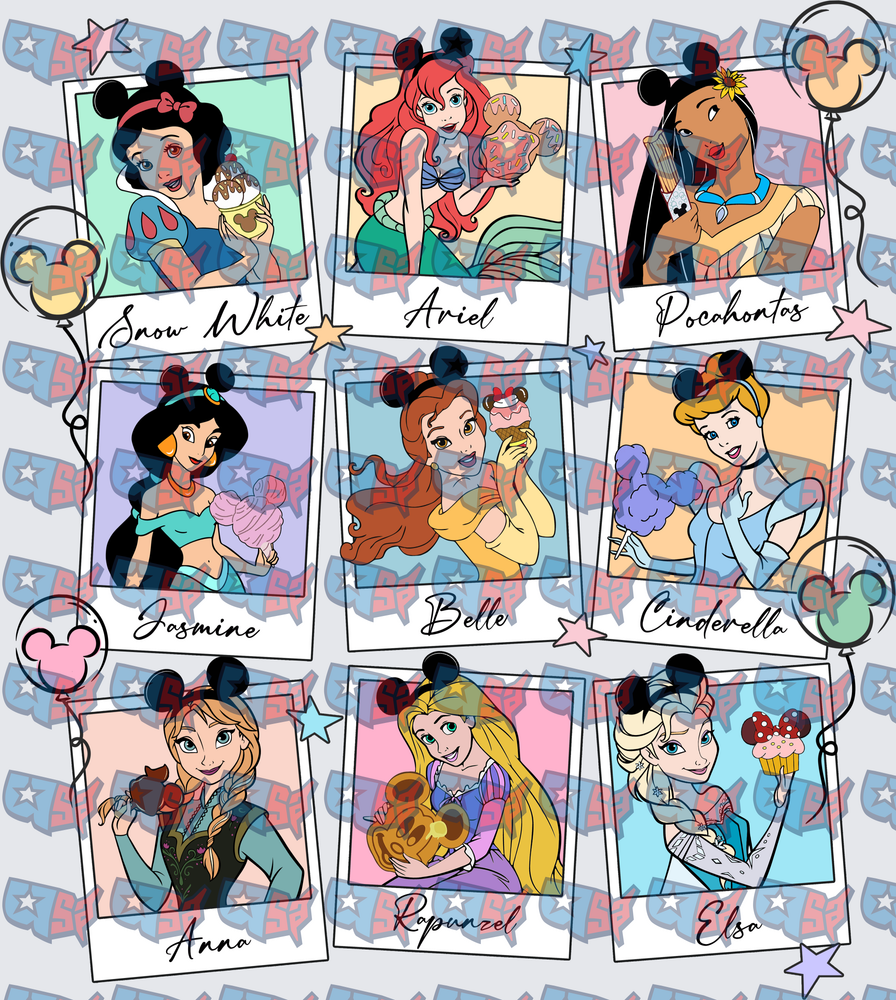 Nine Disney Princesses Polaroid Snacks Mickey Ears Collage (DTF)
