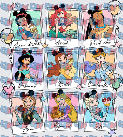 Nine Disney Princesses Polaroid Snacks Mickey Ears Collage (DTF)