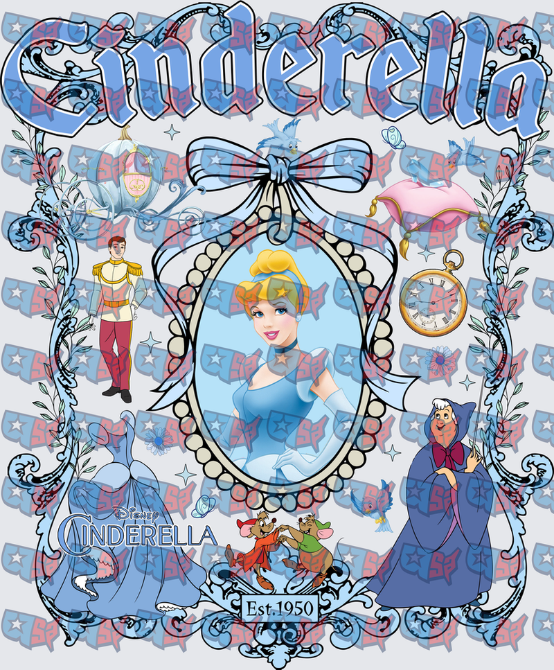 Cinderella Est 1950 Princess Collage Blue Bow Frame (DTF)