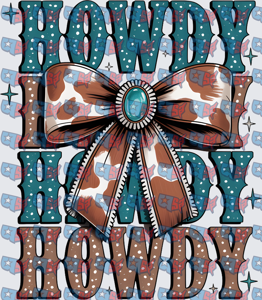 Howdy Stacked Text Cowhide Bow Turquoise Gem (DTF)