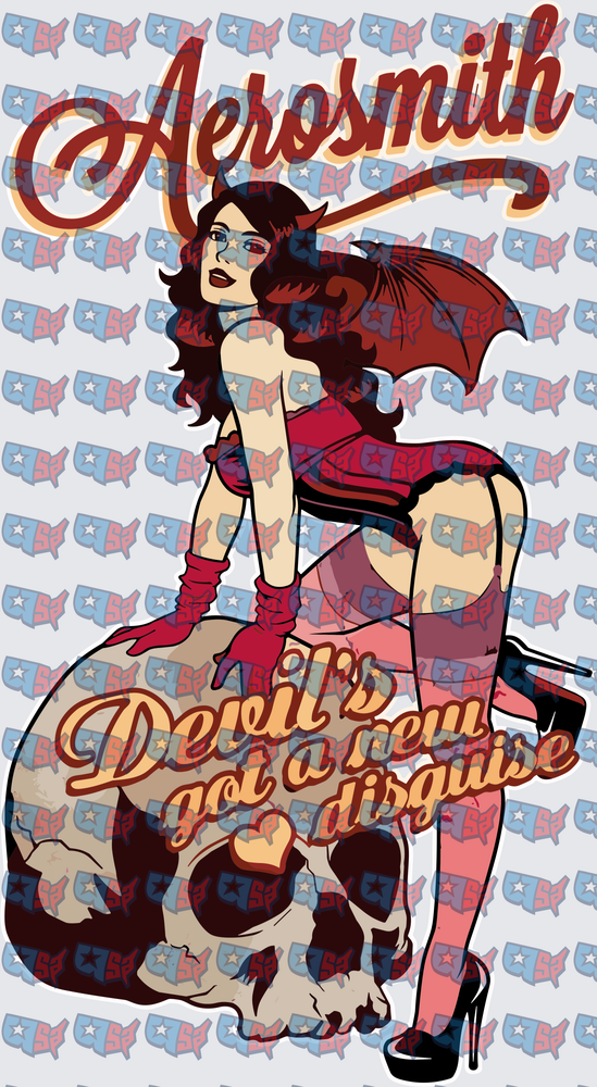 Devil Pinup Girl Sitting On Skull Rock Band (DTF)