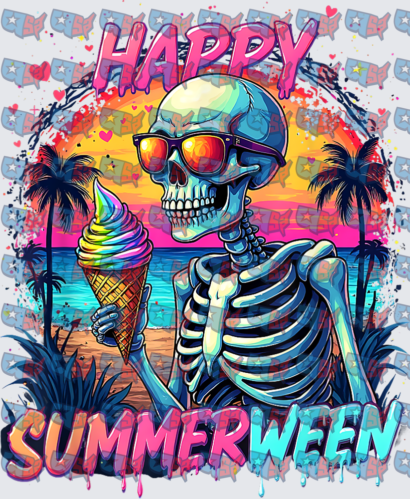 Happy Summerween Skeleton Holding Rainbow Ice Cream Cone (DTF)