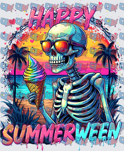 Happy Summerween Skeleton Holding Rainbow Ice Cream Cone (DTF)