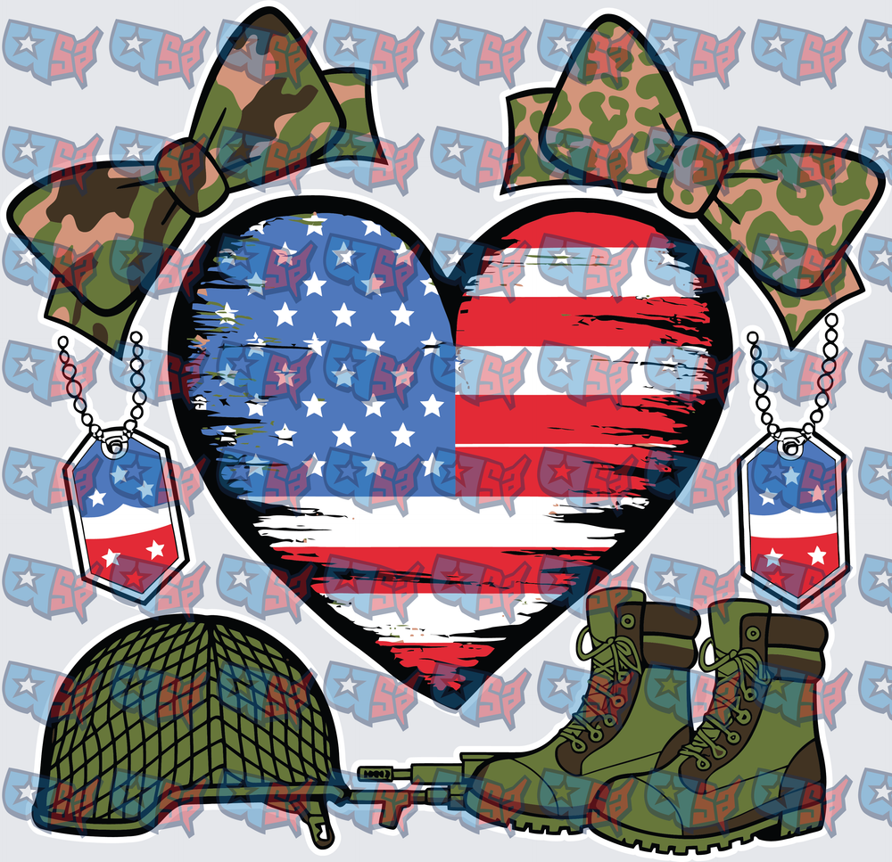 Patriotic American Flag Heart Military Camo Bows Dog Tags (DTF)