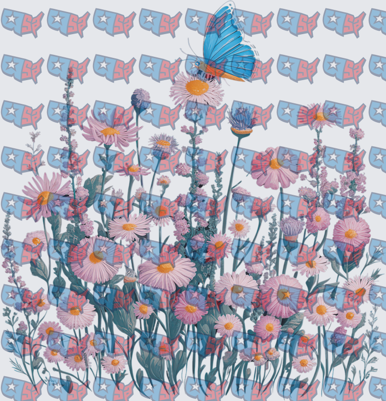 Blue Butterfly Over Pink Wildflower Meadow (DTF)