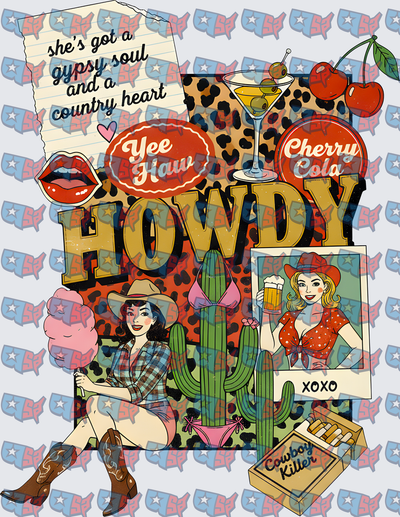 Howdy Retro Western Cowgirl Pin-Up Collage (DTF)