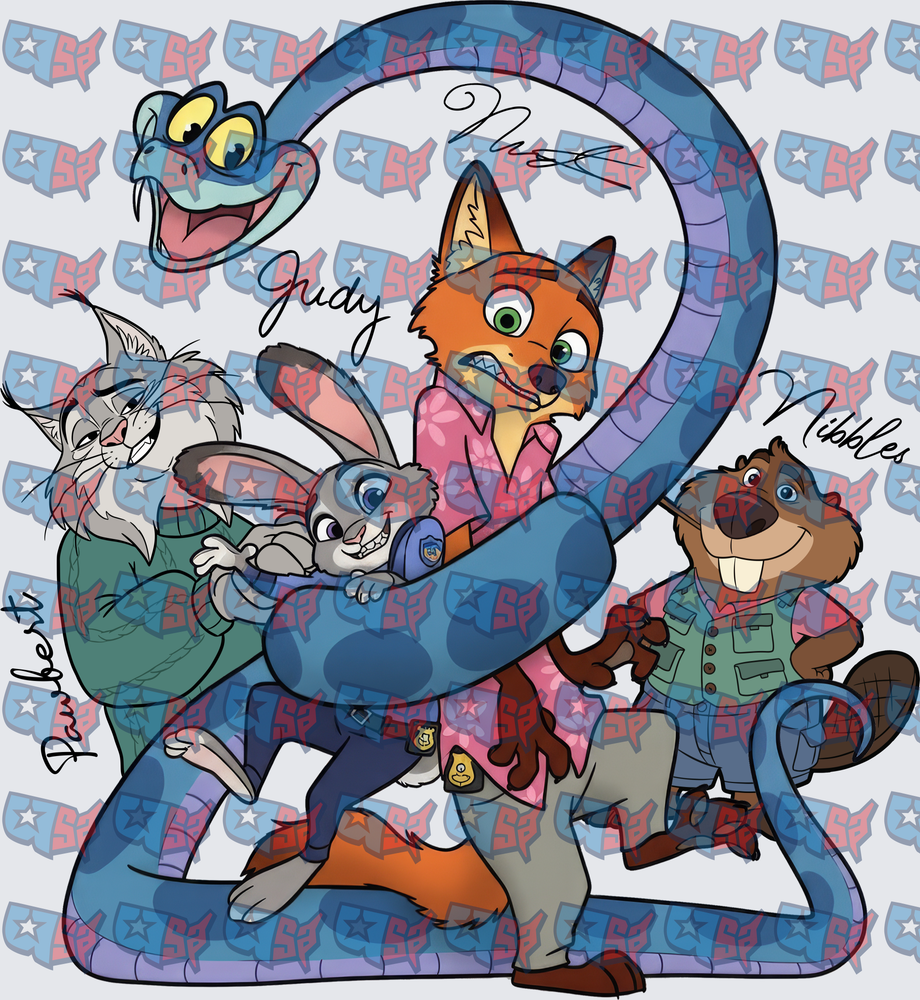 Zootopia Characters With Giant Snake Group Scene (DTF)