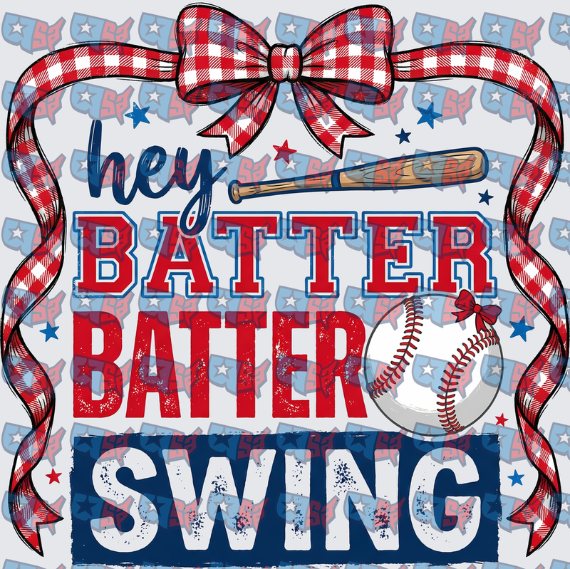 Hey Batter Batter Swing Baseball Red Plaid Bow (DTF)