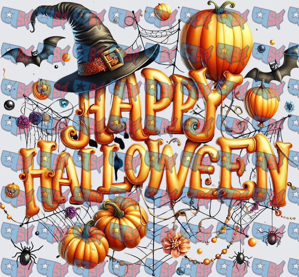 Happy Halloween Witch Hat Pumpkins Bats Spider Webs (DTF)