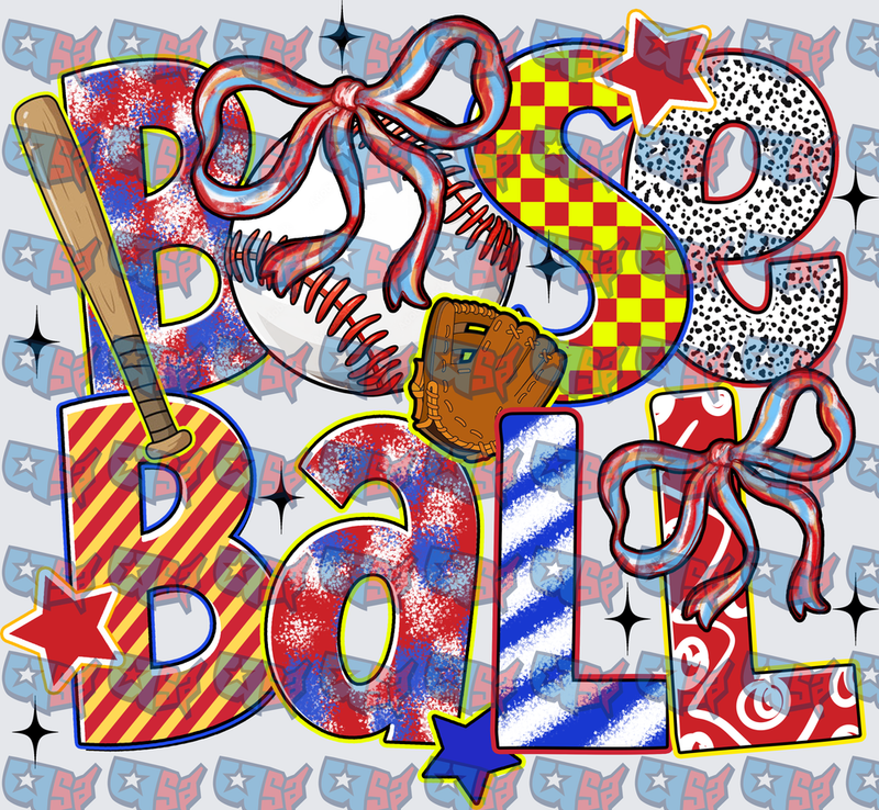 Patterned Baseball Text With Bows Bat And Glove (DTF)